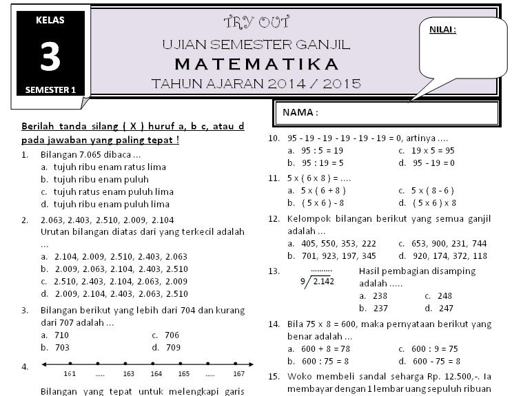 Latihan Soal Uas Matematika Kelas 2 Sd Semester 1 Final Exam Alabamalasopa